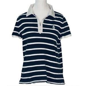 RALPH LAUREN POLO Black & White Striped Polo Shirt Large Cotton Women Logo Crest